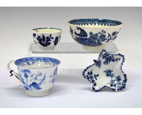 Collection of 18th Century and later transfer printed blue and white ceramics, to include Cookworthy Bristol pickle dish, Wor