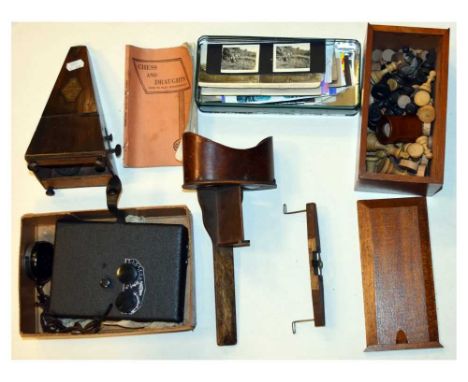 Chess set, metronome and stereoscopic viewer
