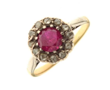 Yellow metal cluster ring set ruby and rose cut diamonds, size L, 2.3g gross approxCondition report: The circular ruby 5.5mm 