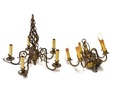 Two five-branch brass light fittings, tallest 54cm