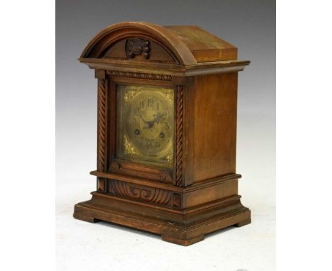 Junghans - German fruitwood mantel clock, brass Arabic dial, two-train movement striking on a coiled posted gong, in architec