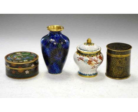 Four pieces of cloisonne enamel, to include baluster vase and cover, lidded boxes, etc., 13cm high and smaller