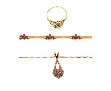 9ct gold ruby and diamond pendant, on fine chain, plus a 9ct gold and ruby bracelet, and an 18ct gold ruby and diamond dress 