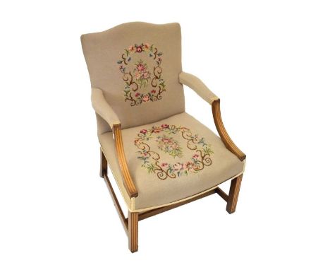 George III style inlaid 'Gainsborough' chair, with inlay simulating fluting, farmed arched tapestry-covered back and seat