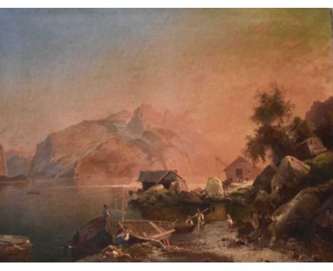 Italian School, 19th Century - Oil on canvas - North Italian lake scene with fishermen and boats on the foreshore, hills beyo
