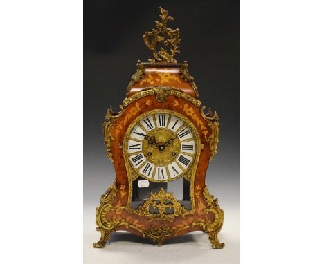 Reproduction Continental marquetry mantel clock, having Roman cellular dial, 'IV' stamped 'Made in Italy, 55cm high