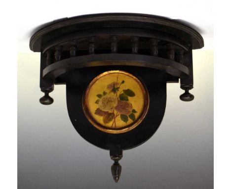Late 19th Century Aesthetic Movement ebonised and gilt decorated wall bracket, the demi-lune top over bobbin turned gallery a