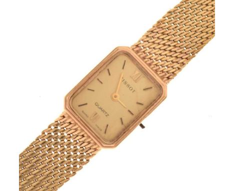 Tissot - Lady's yellow metal cocktail watch, gilt rectangular Roman dial, quartz movement, 16mm excluding crown (detached but