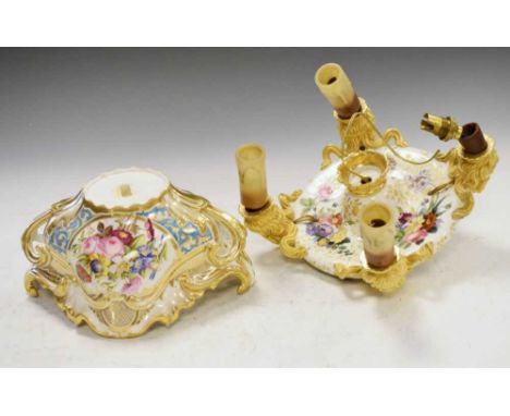 French porcelain four-light electrolier painted with floral sprays and with gilded mask sockets, together with a twin-handled