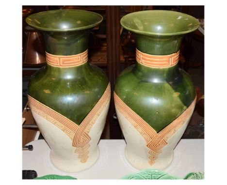 Pair of large ceramic vases, green and biscuit bands, 52.5cm high