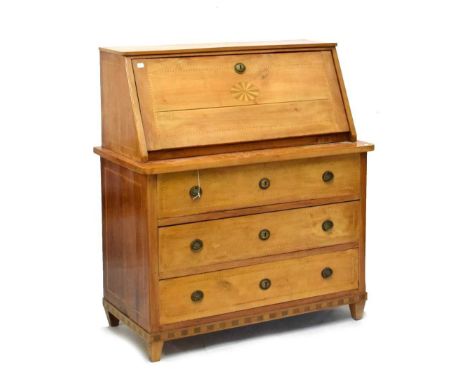 19th Century Swiss bureau with fitted interior and three long drawers below (flap split), 104cm x 52cm x 116cm high