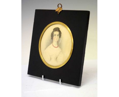 Early Victorian watercolour portrait miniature, 'Louisa Frances Parmiter age 23 circa 1839', 12cm diameter, in ebonised frame