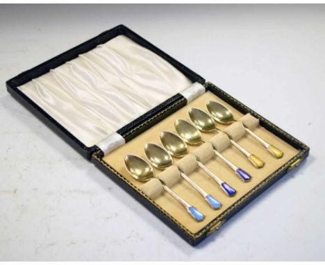 Cased set of six George VI silver-gilt and enamel coffee spoons in the Art Deco style, Birmingham 1938, 67 grams approx