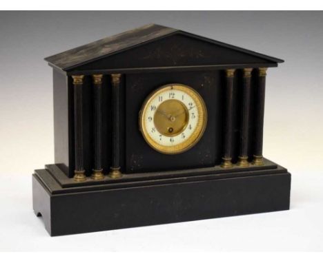 Victorian black slate mantel clock having white Arabic chapter ring dial, 43cm wide 