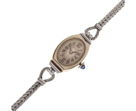 La Rochette - Lady's white metal (14K) cocktail watch, silver Arabic tonneau dial, unmarked manual wind movement, blue paste 