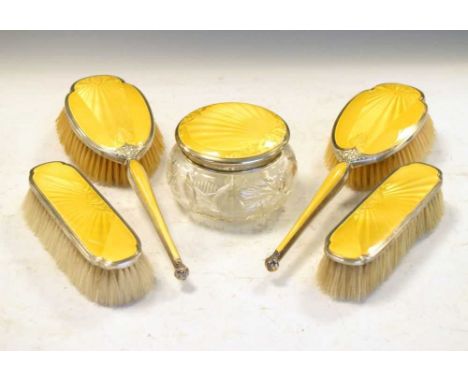 Five-piece yellow enamel and silver dressing table set, Birmingham 1929, 1930 &amp; 1933