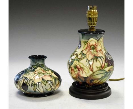 Moorcroft - Hellebore pattern vase together with a lamp base, 23cm high and smaller