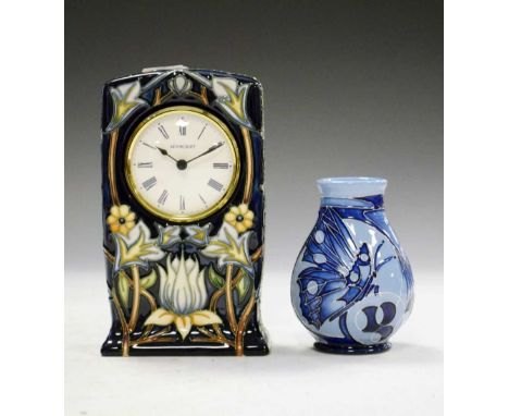 Moorcroft - 'Tribute to William Morris' pattern mantel clock together with a Blue on Blue 'Hartgring' vase, 16cm high and sma