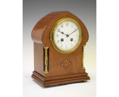 Edwardian mahogany inlaid mantel clock, having white Arabic dial, 26cm high