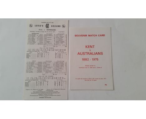 CRICKET, selection from Ashes tours, booklet for Kent v Australia 1882-1975 (Kents first win since 1899) &amp; scorecard for 