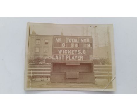 CRICKET, original sepia photo, showing scoreboard after famous Surrey v Lancashire tied match at Hastings Cricket Festival, S