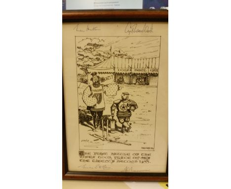 CRICKET, signed ink print, The First Battle of the Roses, signed to edges by Hutton, Washbrook, Statham &amp; Trueman, 8 x 11