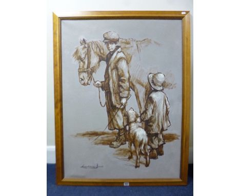 LEIGHTON-JONES, sketch of a boy holding a horse by a lead rein, younger child looking on holding a dog by its collar, oil on 