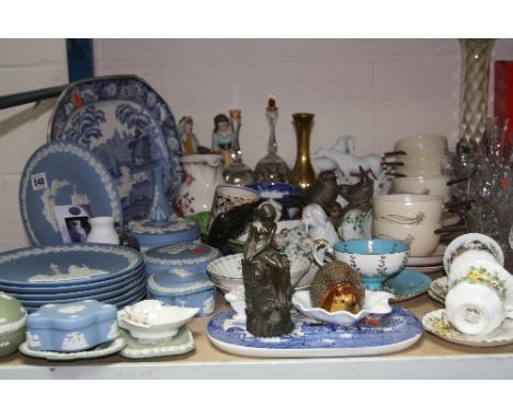 VARIOUS ORNANMENTS, teawares etc, to include Wedgewood  Jasperwares, Poole birds, Wade Hedgehog, Carltonware, Royal Albert et
