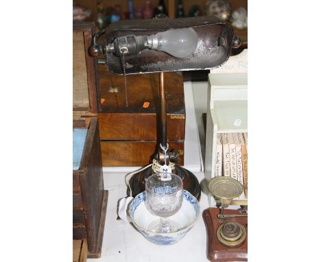 A VINTAGE DESK LAMP WITH COPPER FINISH, moveable shade and height adjustable, weighted circular base, together with a Victori