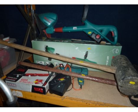 A BOSCH ART 26 ACCUTRIM 18V CORDLESS GARDEN STRIMMER, two hammers, two other electric hand tools, etc (7)