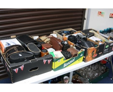 FIVE BOXES OF CAMERA AND OPTICAL EQUIPMENT, including Canon, Nikon, Zorki,Yashica, Coronet etc