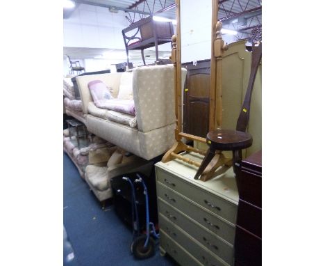 A PINE CHEVAL MIRROR, a stained carved spinning chair, carved Jack Grimble to underside, a vintage Triang scooter and another