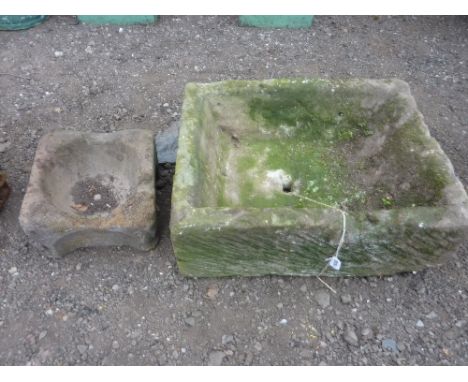 A RECTANGULAR STONE TROUGH, approximate size length 67cm x width 52cm x height 27cm and a small stone trough (2)