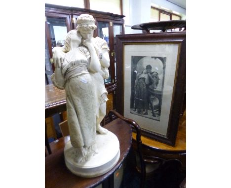 A PLASTER FIGURE, approximate height 70cm, together with associated etching 'Wedded' in glazed oak frame (2)