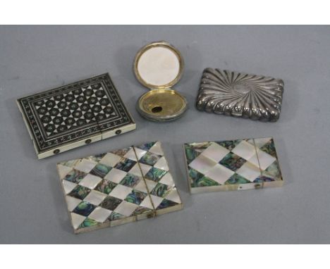 TWO MOTHER OF PEARL CARD CASES, another card case, plated cigarette case and a shagreen compact (5)