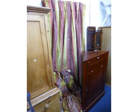 A QUANTITY OF GOLD AND RED STRIPED CURTAINS, with tie backs