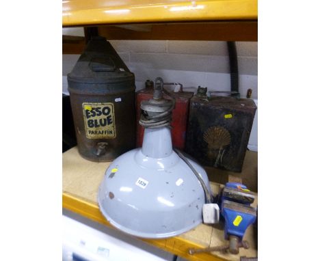 AN ENAMEL CEILING LIGHT, an Esso blue paraffin can and two jerry cans (4)