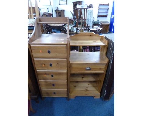 A MODERN PINE CHEST OF FIVE DRAWERS, with shelf above, and another pine cabinet (2)