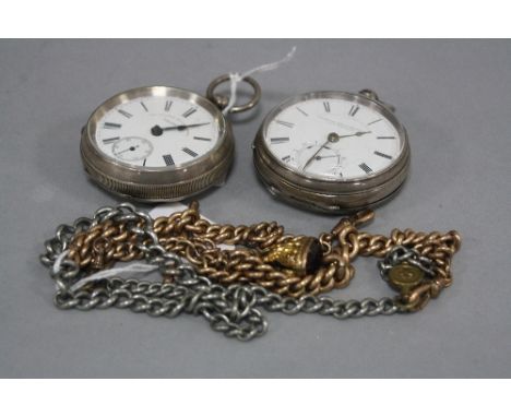 TWO LATE 19TH TO EARLY 20TH CENTURY SILVER RAILWAY POCKET WATCHES, one silver pocket watch, open face white enamel dial signe