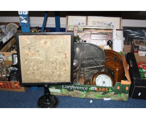 TWO BOXES OF LOOSE SUNDRY ITEMS, to include a barometer, mantel clock, cutlery, pewter, embroidery in stand, plated tray, pic