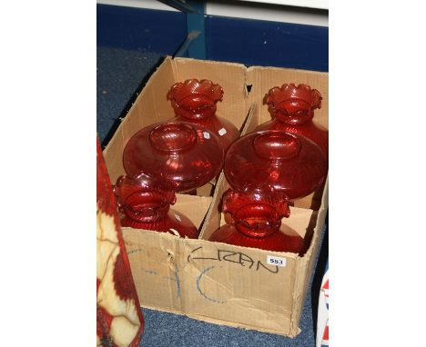 A SET OF SIX MODERN CRANBERRY GLASS LAMP SHADES, wavy rims
