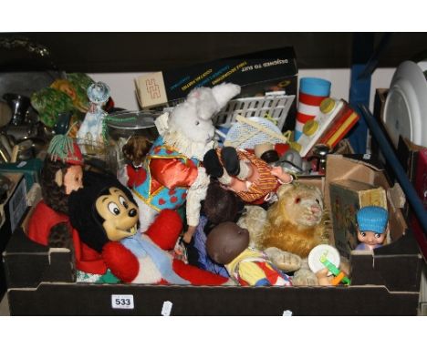 TWO BOXES OF TOYS, GAMES, SOFT TOYS, etc, to include Chad Valley, Mickey Mouse and Pedigree Lion