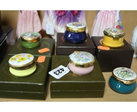 THREE BOXED CRUMMELS ENAMEL BOXES, Flower Fairies and three Staffordshire enamel boxes (two boxed) (6)