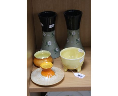 A SMALL RUSKIN LUSTRE THREE FOOTED BOWL, impressed marks, height approximately 6.5cm, a Shelley dwarf candlestick, a pair of 
