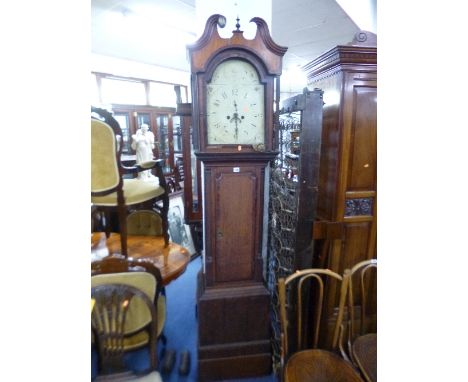 A GEORGIAN OAK AND MAHOGANY LONGCASE CLOCK, eight day movement, painted arched dial, marked R Walton, pendulum, two weights a