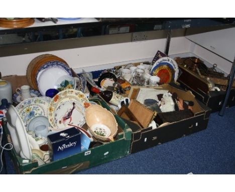 SIX BOXES OF CERAMICS, GLASS, METALWARE, etc, to include Aynsley, Masons, Poole, Royal Commemorative, etc