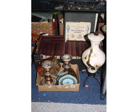 TWO BOXES AND LOOSE SUNDRY ITEMS, to include a pair of candlesticks, clock, books, table lamp, etc