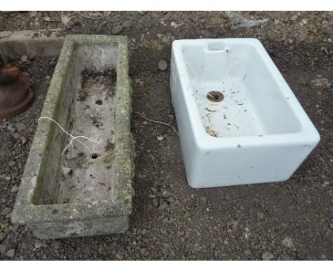 A PRE-CAST RECTANGULAR GARDEN PLANTER, and a Belfast sink (2)