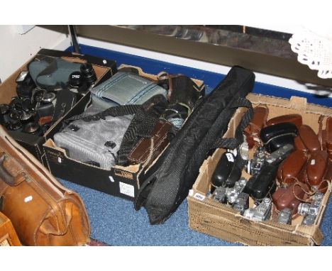 THREE BOXES AND LOOSE CAMERA AND OPTICAL EQUIPMENT, including Canon, Pentax, Sigma, Vivita, etc