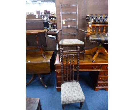 A RUSH SEATED LADDER BACK CHAIR, and a bobbin turned chair (2)